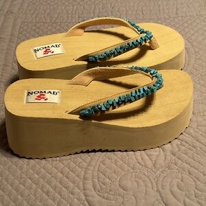 Nomad Tan and Blue Beaded Platform Sandals